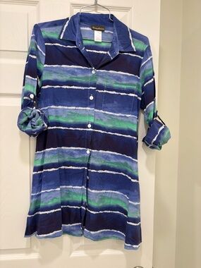 Tommy Bahama Blue, Navy & Green Striped Button-Up coverup.